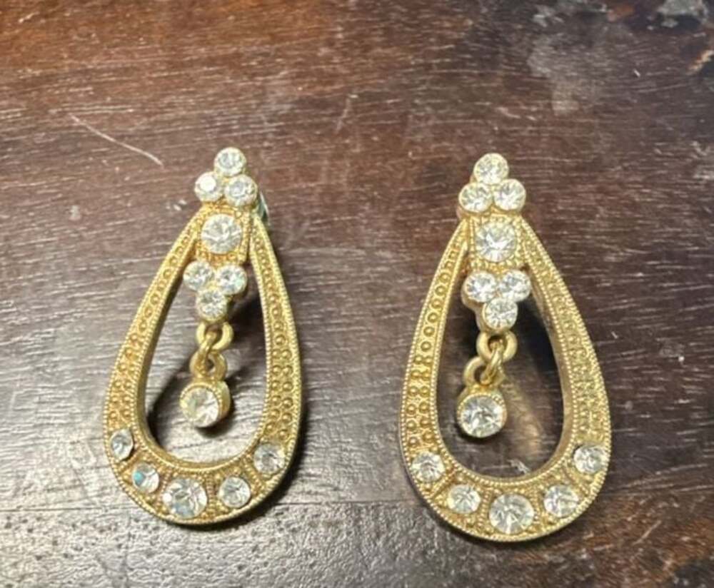 Vintage Celebrity NY Gold Tone Teardrop Dangle Earrings with Clear Rhinestones